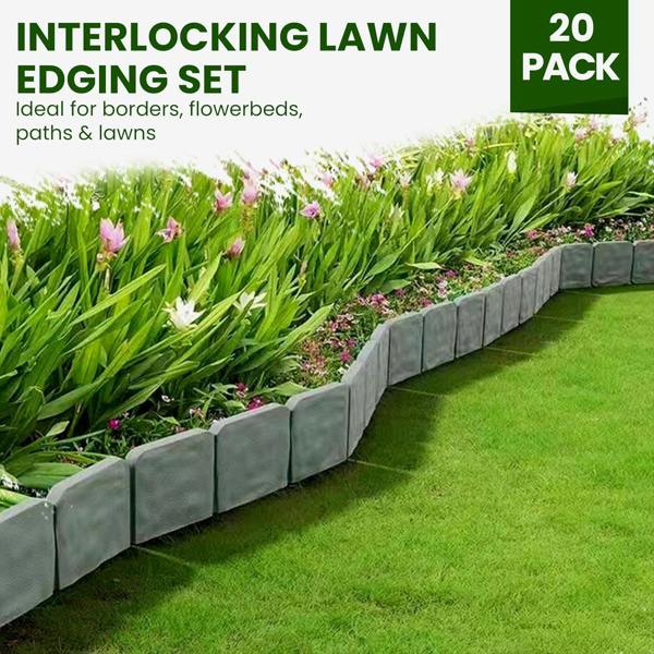 My Garden Outdoor Living Interlocking Lawn Edging Set 20 Pack – 16ft Long Hammer-In Garden Edging Borders - Cobblestone Border Design for Flower Beds