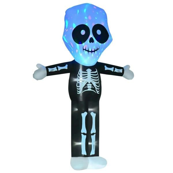 Inflatable black skeleton decoration with glowing blue LED skull and ribcage, arms out.