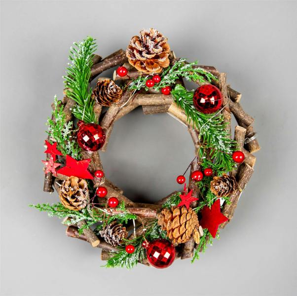 22cm Battery Operated LED Twig Wreath with Warm White Lights and Red Festive Details image 4