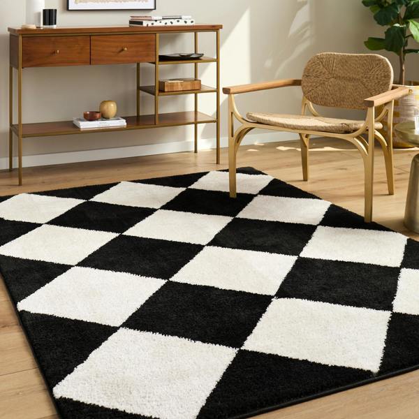 Livabliss Tivoli-Washable Black Cream Modern High Pile Diamond Pattern Rug