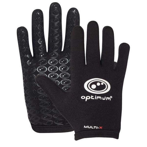 Pair of black Optimum Multi-X full-finger gloves showing white logo back and textured grip palm on white - Optimum