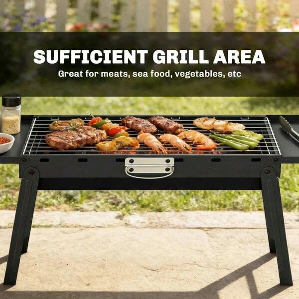 Bobobiy Portable BBQ Grill, Foldable Charcoal Grill for Camping and Picnics with 2 Side Shelves and Handle, Black