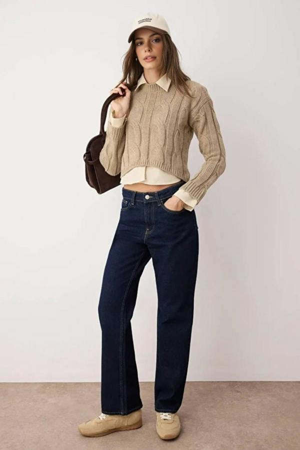 WOVCOR Cropped Knit Sweater with Shirt Panel Detail