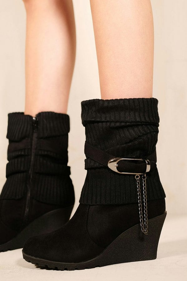 Where's That From Bryony Wedge Heel Slouchy Ankle Boots With Knitted Collar in Black Faux Suede