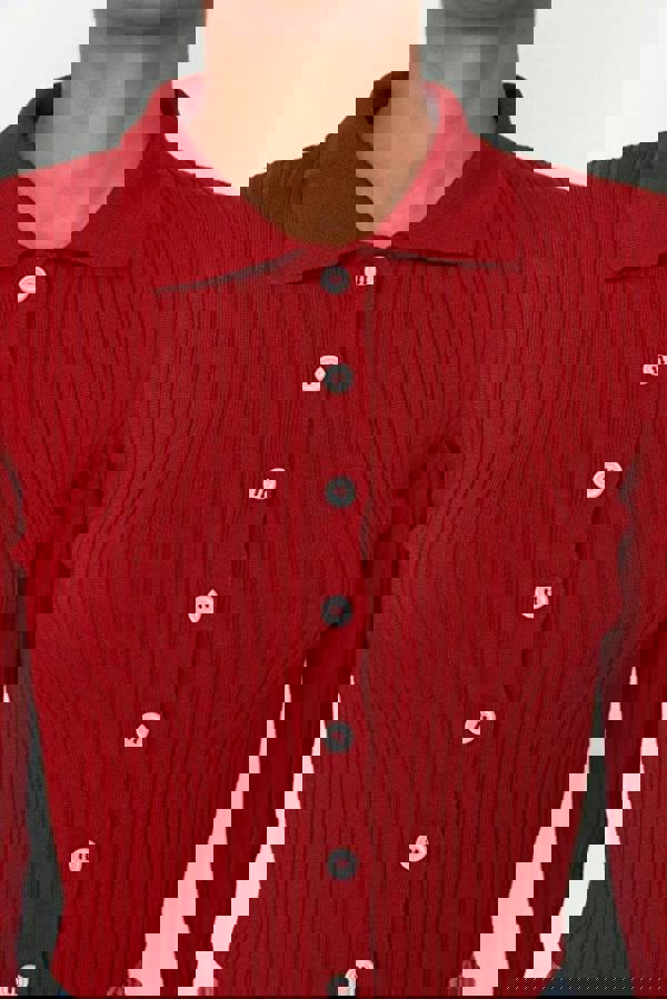 WOVCOR Mercerized Look Ribbed Polo Neck Knit Cardigan