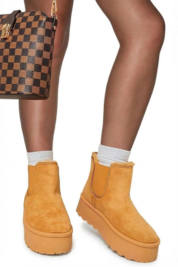 Edith Fluffy Platform Sole Chelsea Faux Fur Lined Ankle Boots - Camel_wb