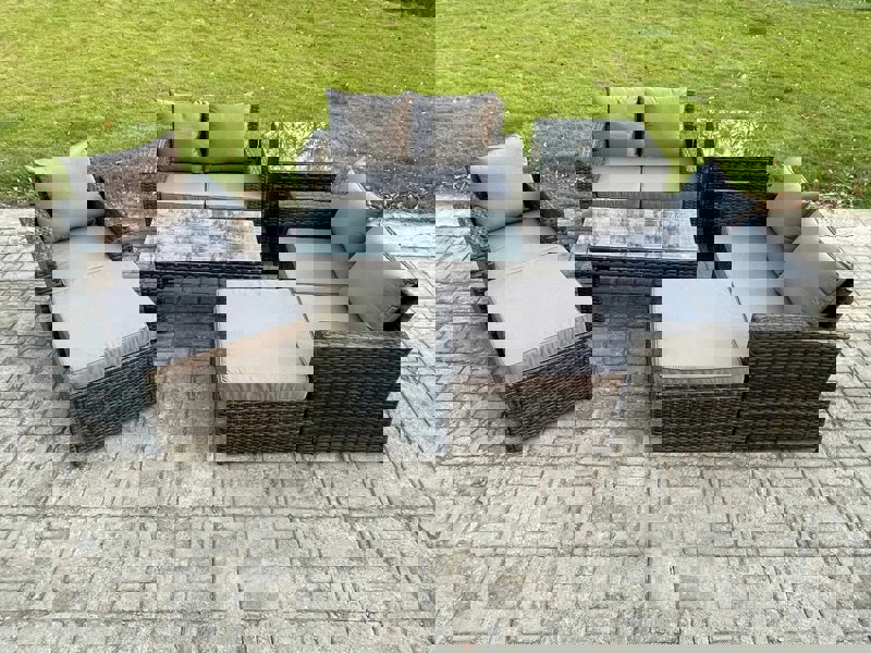 Fimous 7 Seater Outdoor Rattan Patio Furniture Set Garden Lounge Sofa Set with Side Table 2 Big Footstool Coffee Table Dark Grey Mixed