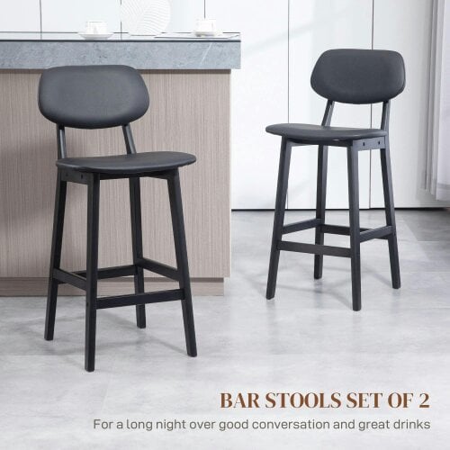 Wyld Haus Resono Solid Wood Black Classic Bar Stools Set Of 2 With Faux Leather Seats