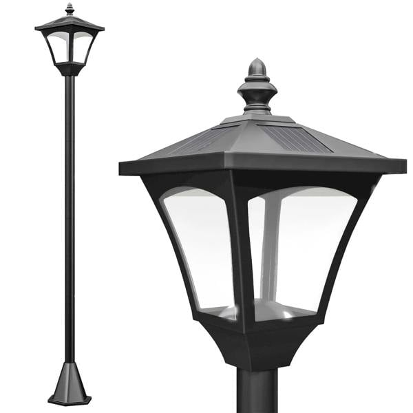 Black outdoor solar lamp post with lantern-style top and four clear panels