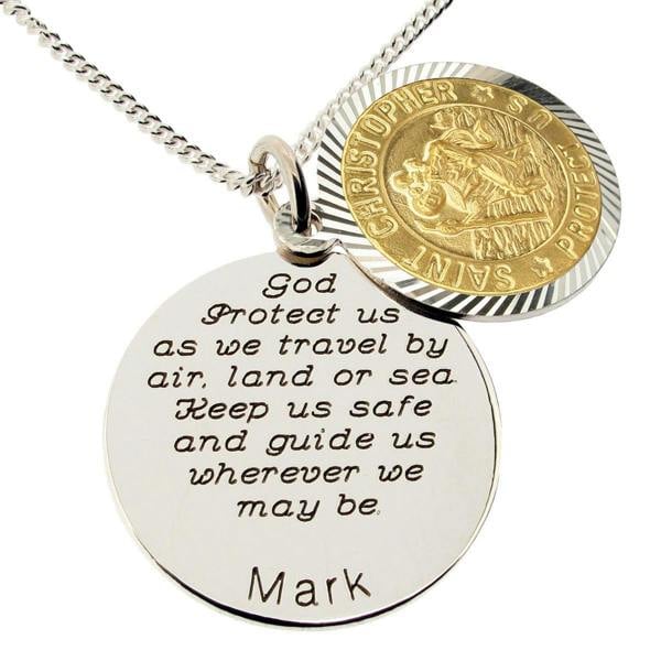 Christopher James of London Yellow Gold Plated & Sterling Silver Personalised Round St Christopher With Travellers Prayer