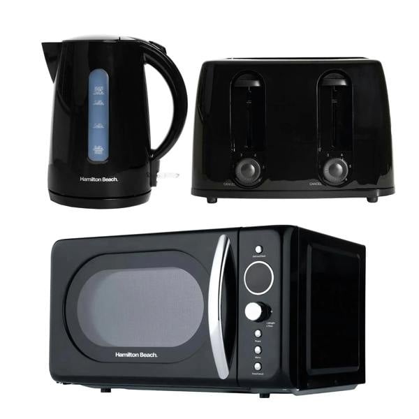 Hamilton Beach Essentials Kettle, 4 Slice Toaster & 20L Retro Microwave Set - Black - Hamilton Beach UK