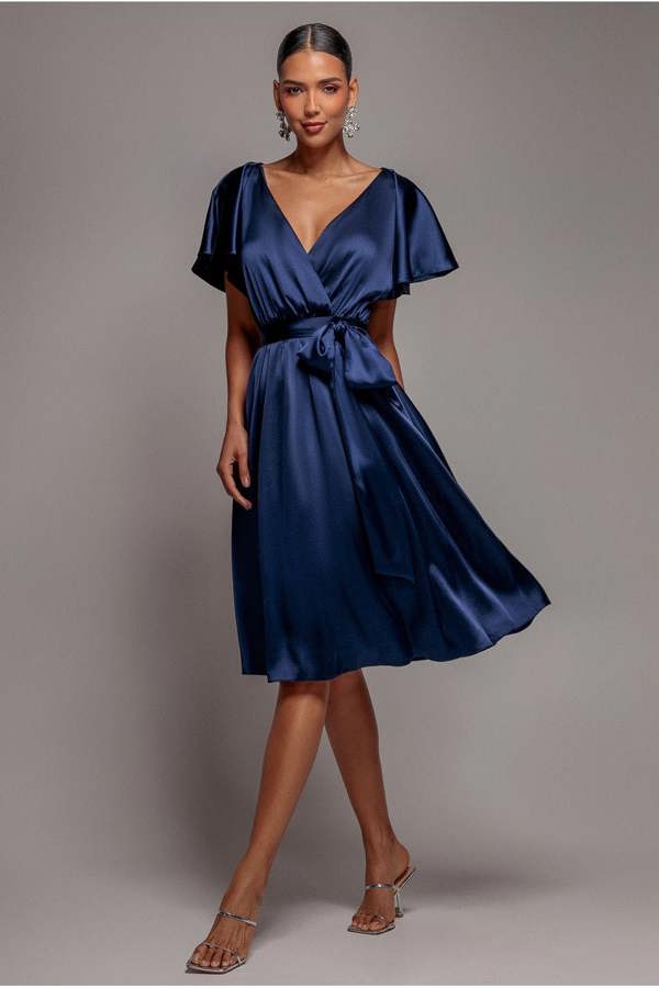 Satin Flutter Sleeve Wrap Midi Dress - Navy Blue DR3641