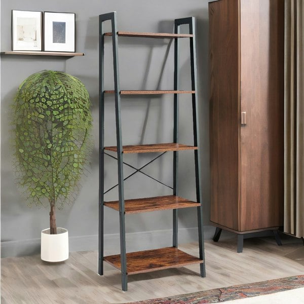 Rafaelo Mobilia 5 Tier Free Standing Ladder Shelf For Living Room Storage Rustic Brown