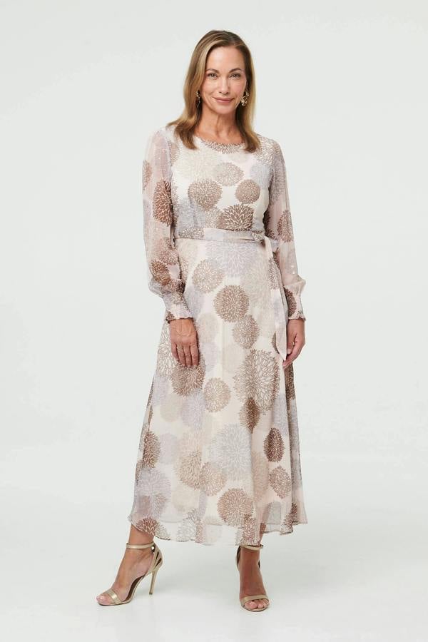 Beige | Printed Long Sleeve Layered Midi Dress