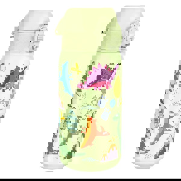 A light-green water bottle, featuring a dinosaur design, sits against a white background.