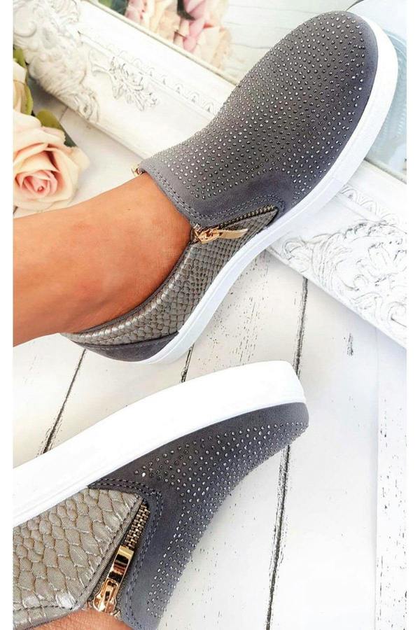 Leah Crystal Suede Zip Pumps Trainers - Grey