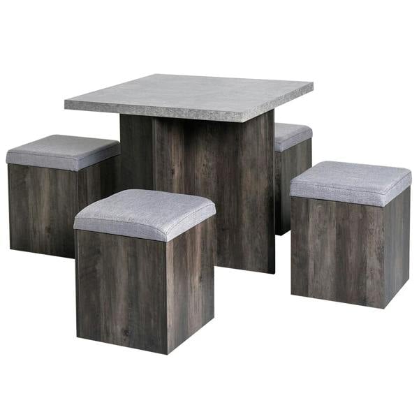 Grey wood-grain dining table with four storage stools and grey seat cushions