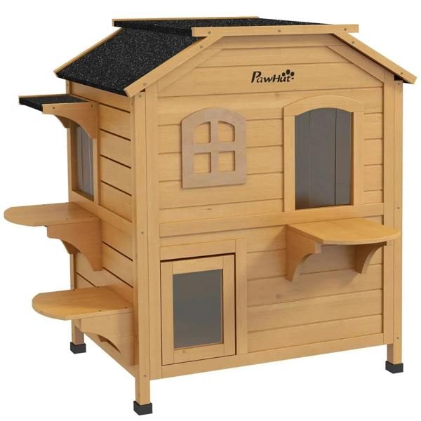 Outdoor wooden 2-story cat house with front door, arched windows, and built-in jump platforms