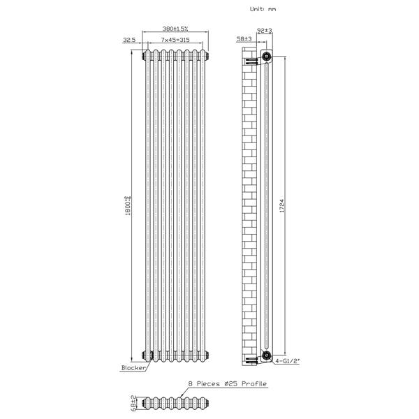 Monstershop Traditional 2 Column Radiator - 1800 x 380mm - Raw Metal