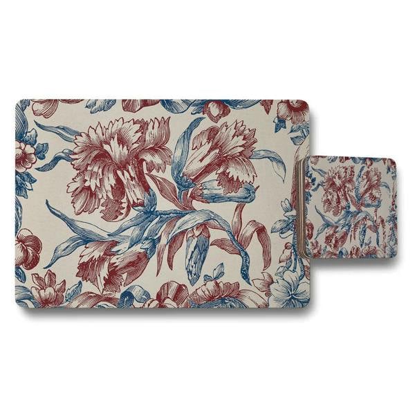 Benjamin Tate Design Floral Placemat and Coaster Set Red and Blue Botanical Design