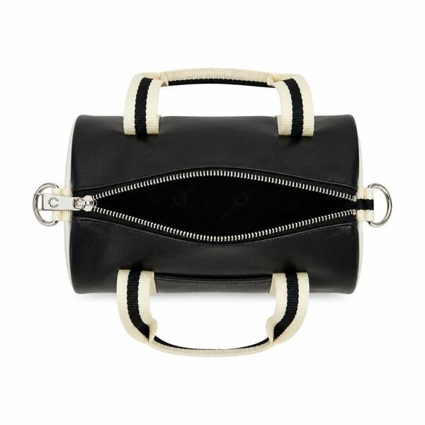 Fred Perry Classic Mini Barrel Bag in black and ecru, open with silver zipper and striped handles.