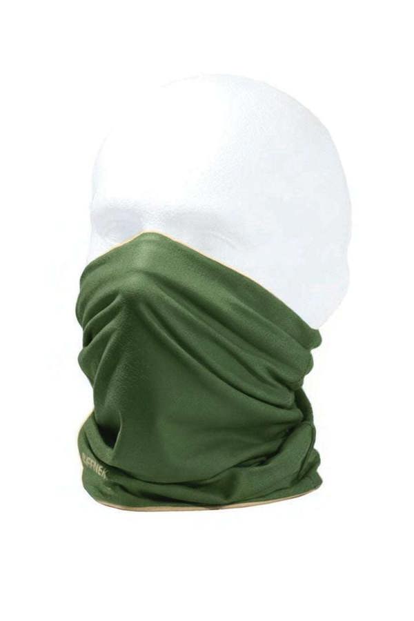 Country Green and Stone Supersoft RUFFNEK Neckwarmer on Mannequin. Reversible stretchy Snood shown on a male mannequin head as a ski / cycle / hiking mask. 