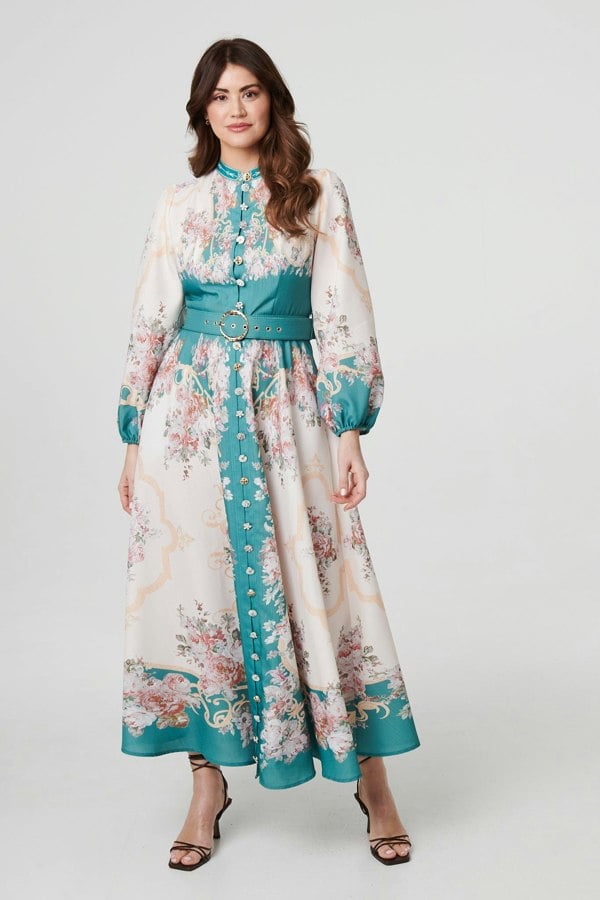 Green | Floral Button Detail Belted Maxi Dress
