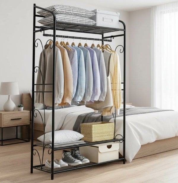 Modcraft Heavy Duty Garment Clothes Rail Rack with Shelves Metal Coat Stand Hanging Pole Black