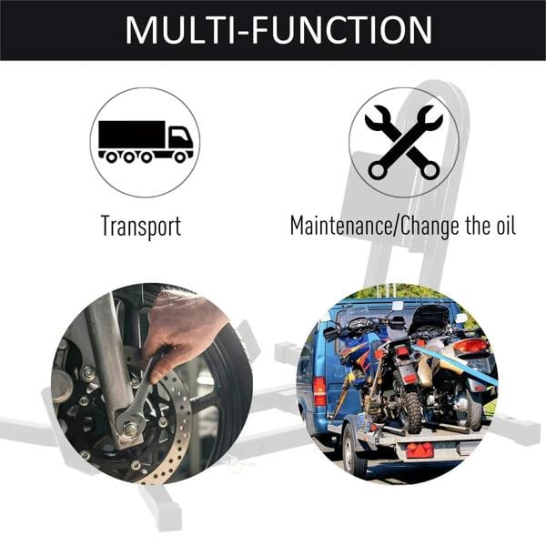 Black motorcycle wheel chock stand with removable cradle positions for service