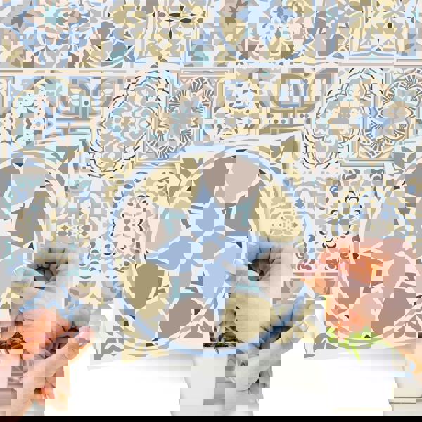 WT1544 - Light Sapphire and Parchment colour Traditional Spanish Tiles Wall Stickers - 15 cm x 15 cm - 24 pcs