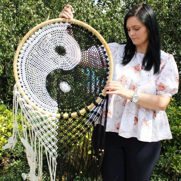 Extra large yin-yang dream catcher with black and white web, bamboo ring, hanging fringes