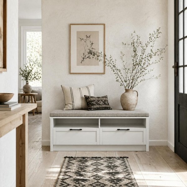 Wyld Haus Noma Wooden White Shoe Bench With Grey Cushion2 Shelves 2 Drawers
