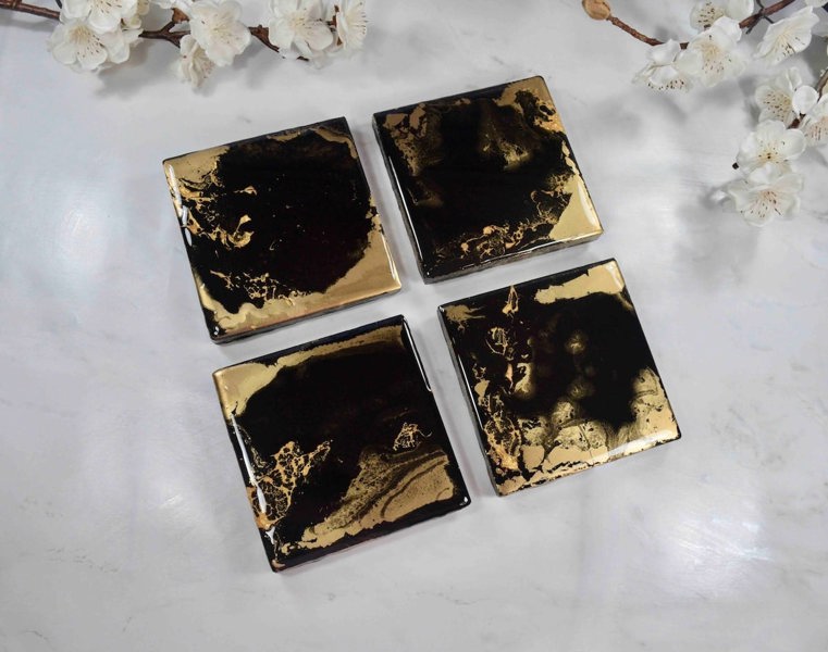 Kate Chesters Art Black Gold Resin Coasters for Drinks Set of 4