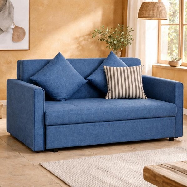 Wyld Haus Palani Bayo Snow Flannel Deep Blue 2 Seater Sofa Bed With Hidden Storage And Cushions