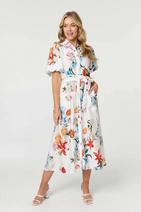White | Floral 1/2 Puff Sleeve Midi Shirt Dress