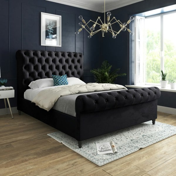 Casa Magna Sienna Sleigh Upholstered Soft Velvet Bed Frame - Black