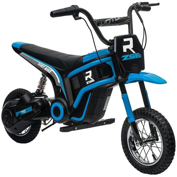 Blue electric motorbike with black seat, twist-grip throttle, front wheel