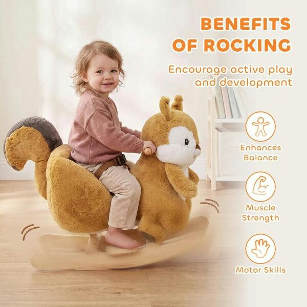 Rocking Horse, Stable Plush Ride on Horse Squirrel Design with Animal Sounds, Security Belt for Toddlers 1-3 Y, Brown