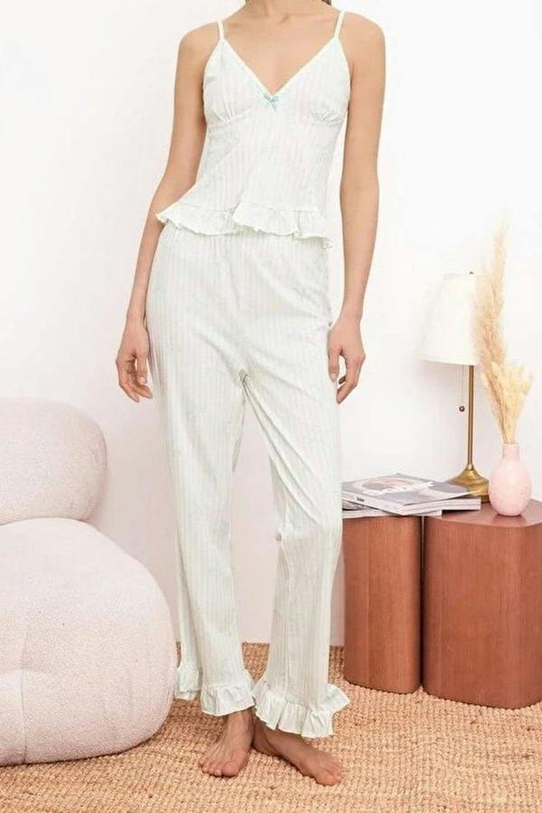 WOVCOR 2-Piece 100% Cotton Striped and Ribboned Ruffled Knitted Pajama Set
