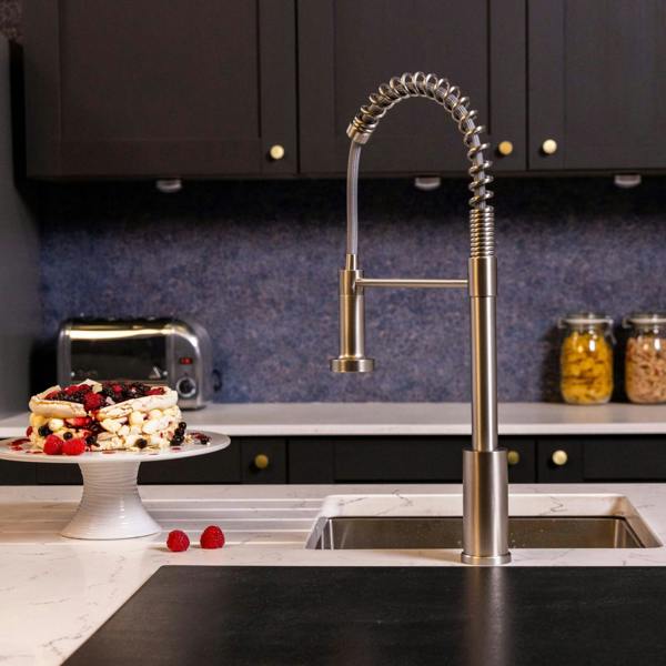 Flode Fjädra | Pull Out Kitchen Sink Mixer Tap | Spring Style Mixer Tap | Brushed Steel | Round Head