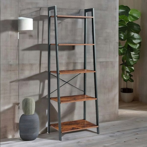 Rafaelo Mobilia 5 Tier Free Standing Ladder Shelf For Living Room Storage Rustic Brown