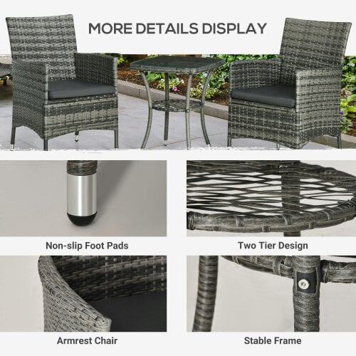 Wyld Haus Sami Rattan Grey 3 Piece Garden Bistro Set With 2 Tier Table And Cushions