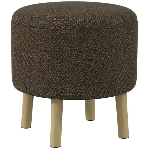 Brown round upholstered ottoman stool with padded top and light wood legs