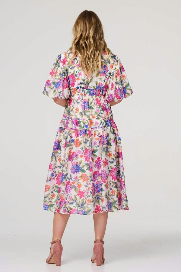 Pink | Floral 1/2 Puff Sleeve Midi Dress
