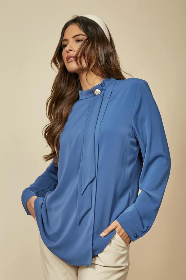 Hoxton Gal Oversized High Neck Top with Brooch Details in Blue