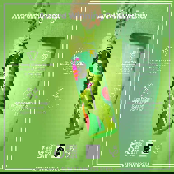 A child's water bottle, featuring a carrying handle and insect illustrations, is being held against a green background. The bottle is described as award-winning, with a crevice-free design and a wide opening. The text also mentions a hide-away handle and hygiene cover.