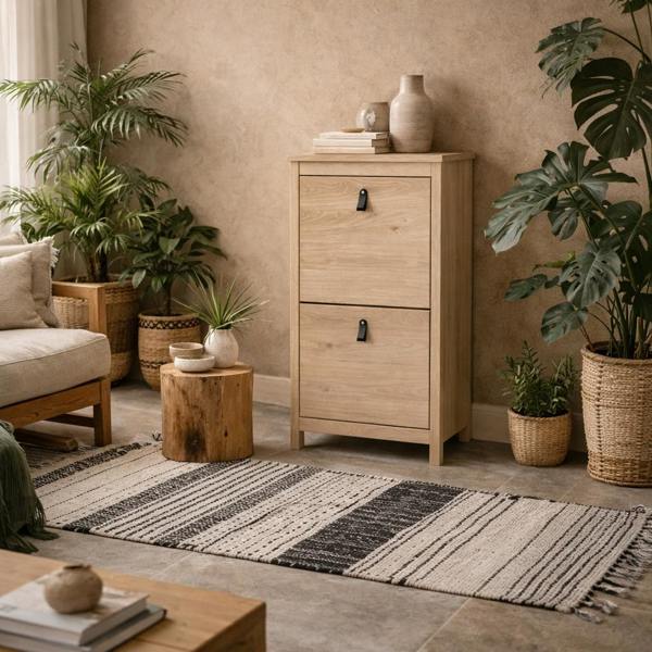 Wyld Haus Wildberry Natural Oak Wood Shoe Cabinet 2 Flip Doors