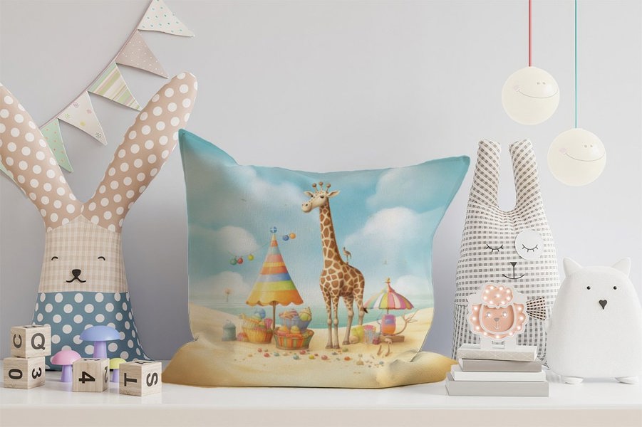 Warren Reed Giraffe On A Beach Holiday Cushions