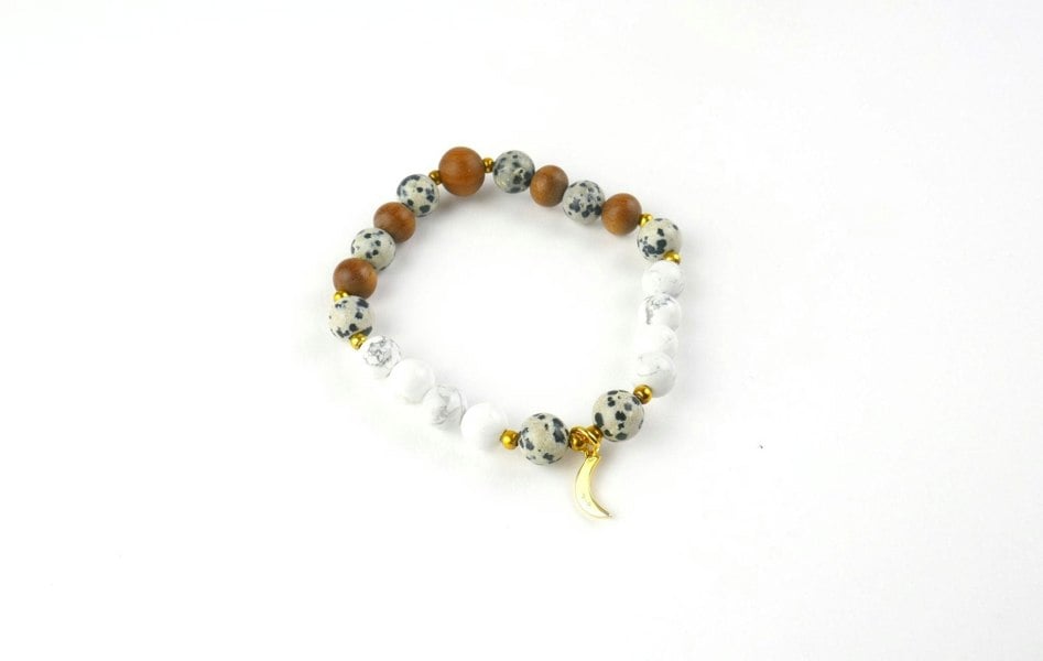 Kati Kaia Luna Sandalwood and Howlite Mala Bracelet in natural tones featuring decorative gold accents