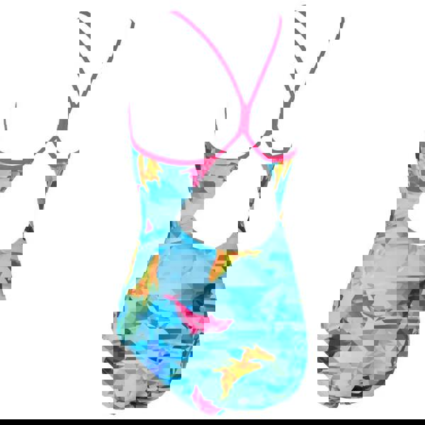 Zoggs Girls Dolphine Sprintback swimsuit in blue pink shark print with Ecolast fabric